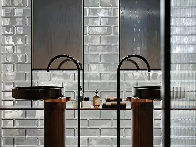 Modern Double Sink Vanity With Glass Brick Wall Black Faucets Wooden Bases And Mirrors 3d model