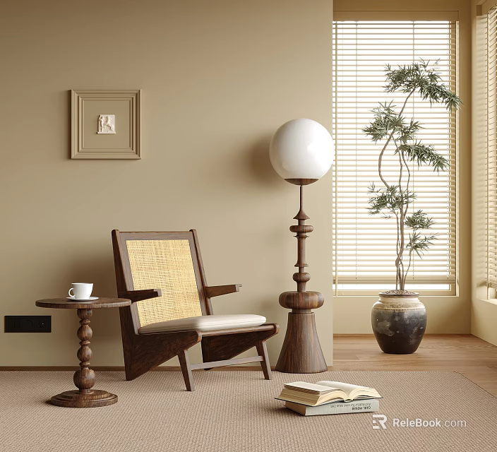 Natural Wooden Lounge Chair Rattan Back With Side Table Floor Lamp Potted Plant And Book 3d model 