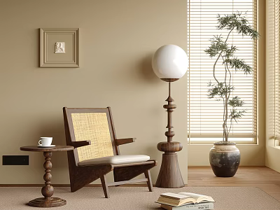 Natural Wooden Lounge Chair Rattan Back With Side Table Floor Lamp Potted Plant And Book 3d model