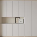 Modern White Entryway Cabinet Sideboard With Multiple Doors Open Shelf And Decorative Frames
