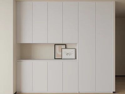 Modern White Entryway Cabinet Sideboard With Multiple Doors Open Shelf And Decorative Frames 3d model