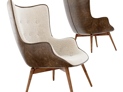 Modern Leisure Chair With Brown Leather And Beige Fabric Curved Backrest Wooden Legs 3d model