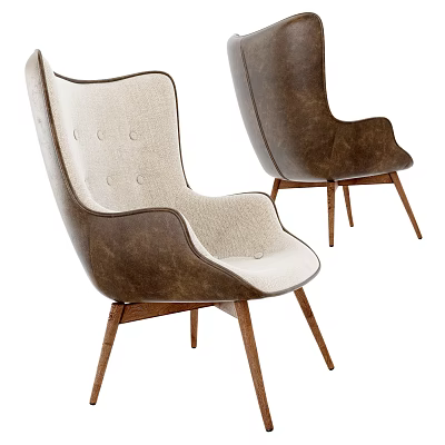 Modern Leisure Chair With Brown Leather And Beige Fabric Curved Backrest Wooden Legs 3d model