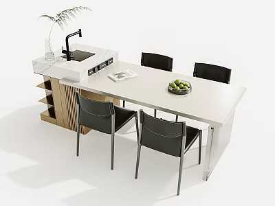 Modern Dining Table Set With White Tabletop Black Chairs Magazine Sink Faucet And Wooden Shelves 3d model