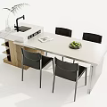 Modern Dining Table Set With White Tabletop Black Chairs Magazine Sink Faucet And Wooden Shelves