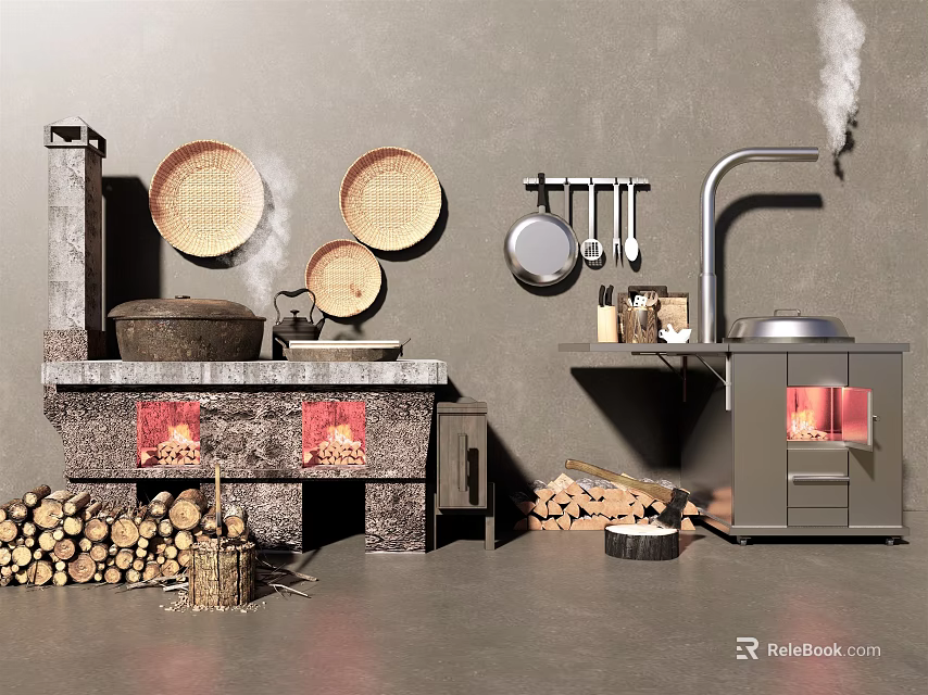 Rustic Kitchen Scene With Modern Cabinets Traditional Stove Firewood Hanging Utensils And Steam 3d model 