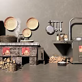 Rustic Kitchen Scene With Modern Cabinets Traditional Stove Firewood Hanging Utensils And Steam