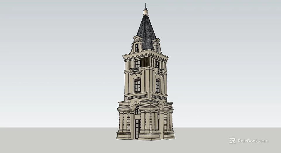 Classical Tall Tower With Black Spire Multiple Floors Arched Door And Decorative Windows 3d model 