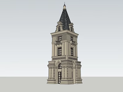 Classical Tall Tower With Black Spire Multiple Floors Arched Door And Decorative Windows 3d model
