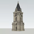 Classical Tall Tower With Black Spire Multiple Floors Arched Door And Decorative Windows