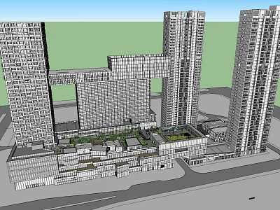 Modern Commercial Complex with High-Rise Towers Connected Structures Low-Rise Buildings and Green Spaces 3d model