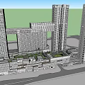Modern Commercial Complex with High-Rise Towers Connected Structures Low-Rise Buildings and Green Spaces