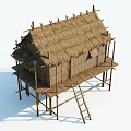 Traditional Stilted Wooden House with Rustic Thatched Roof and Wooden Frames