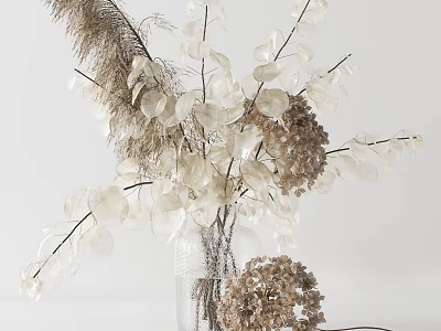 Minimalist Transparent Glass Vase With White Flowers And Dried Feathery Branches 3d model