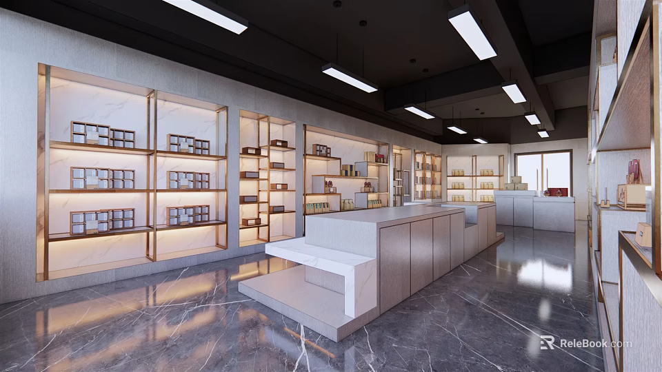 Modern Store Interior With Shelves Counter Marble Floor And Open Space 3d model 