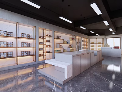 Modern Store Interior With Shelves Counter Marble Floor And Open Space 3d model