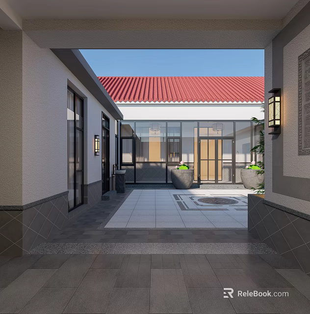 Traditional Courtyard Landscape With Red Roof White Building Paved Ground Lantern Lamps And Potted Plants 3d model 