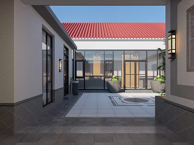 Traditional Courtyard Landscape With Red Roof White Building Paved Ground Lantern Lamps And Potted Plants 3d model