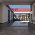Traditional Courtyard Landscape With Red Roof White Building Paved Ground Lantern Lamps And Potted Plants