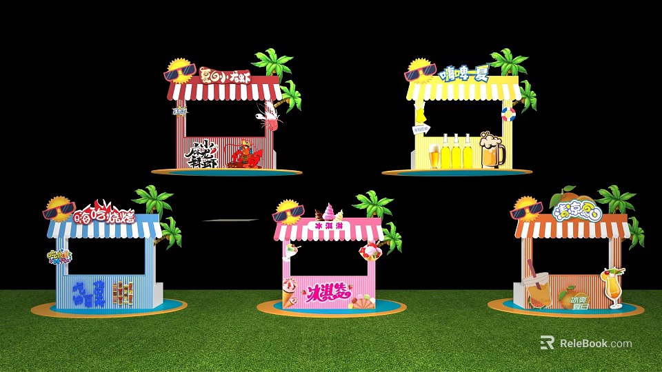 Colorful Decorated Market Stalls With Awnings Palm Trees And Cartoon Elements 3d model 