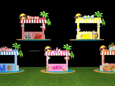 Colorful Decorated Market Stalls With Awnings Palm Trees And Cartoon Elements 3d model