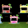 Colorful Decorated Market Stalls With Awnings Palm Trees And Cartoon Elements