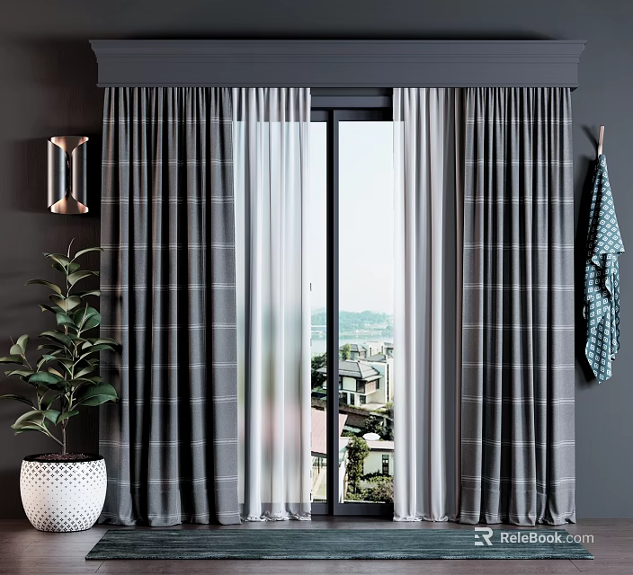Gray Striped Curtains With Sheer Panels For Large Window City View Indoor Plant Wall Sconce 3d model 