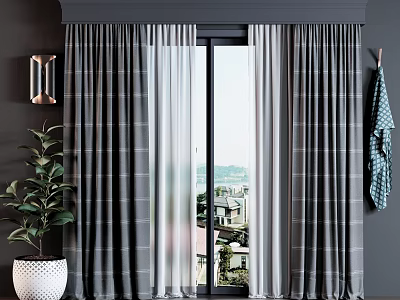 Gray Striped Curtains With Sheer Panels For Large Window City View Indoor Plant Wall Sconce 3d model