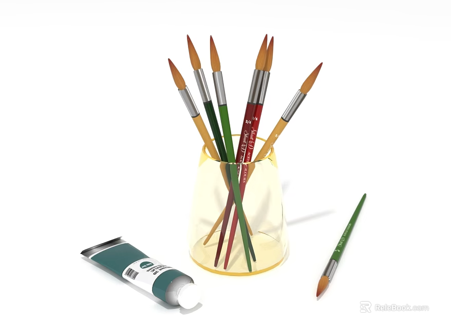 Colorful Paintbrushes In Transparent Cup With Paint Tube For Daily Art Supplies 3d model 