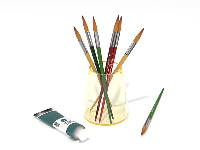 Colorful Paintbrushes In Transparent Cup With Paint Tube For Daily Art Supplies 3d model