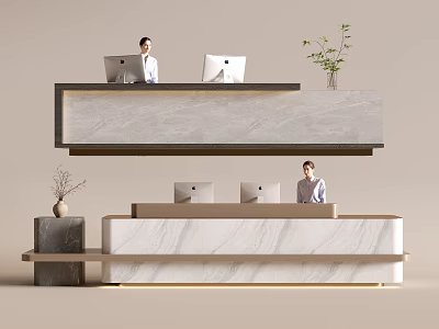 Elegant Modern Reception Area With Marble Desk Computers Plants And Friendly Receptionists 3d model
