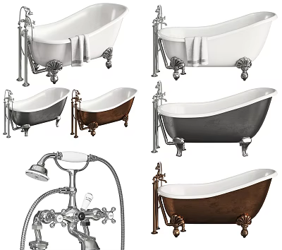 Various Clawfoot Bathtub Styles With White Black Copper Finishes And Bath Faucets 3d model