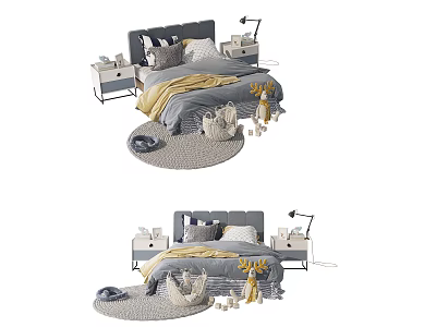 Cozy Modern Kids Bed With Gray Headboard Yellow Bedding Pillows Nightstand Lamp And Rug 3d model