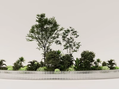 Lush Bushes Surrounded By White Picket Fence With Trees And Various Plants 3d model