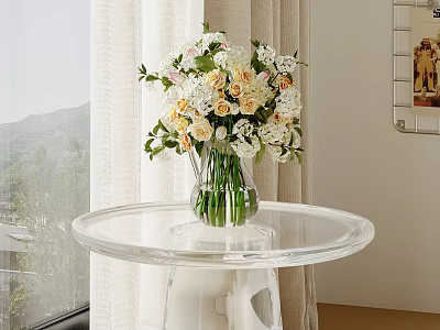Transparent Vase with White and Yellow Flowers on Clear Round Table by Window Mountain View 3d model
