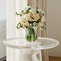 Transparent Vase with White and Yellow Flowers on Clear Round Table by Window Mountain View