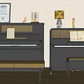 Elegant Musical Instruments Collection With Black Pianos Trumpet Sheet Music Bench And Potted Plant