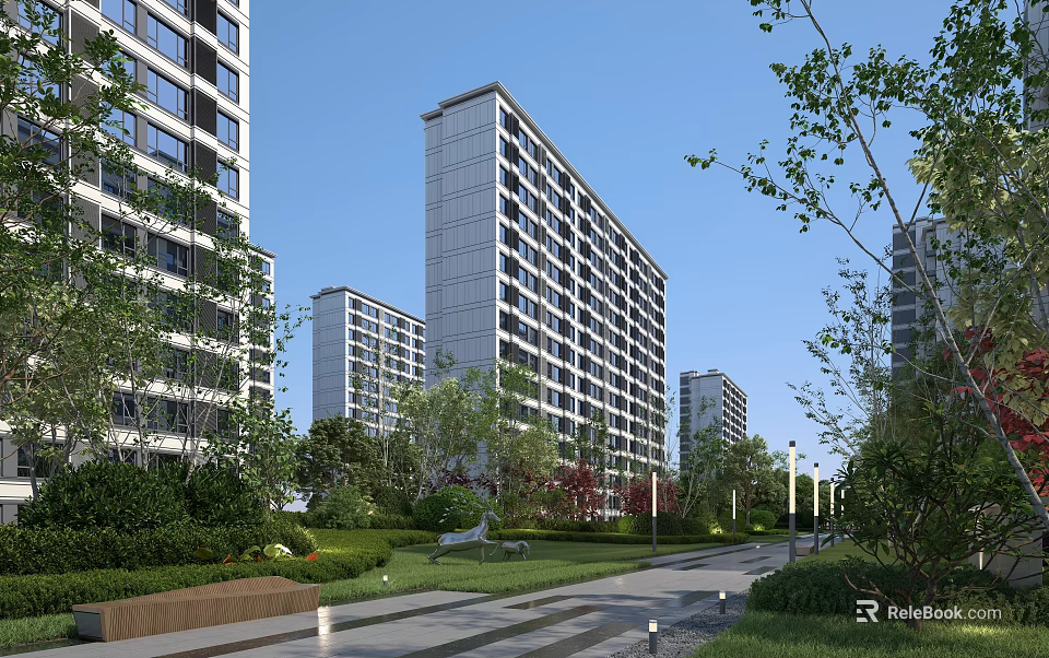 Modern High Rise Residential Buildings With Green Landscaping Lawn And Trees 3d model 