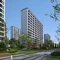 Modern High Rise Residential Buildings With Green Landscaping Lawn And Trees
