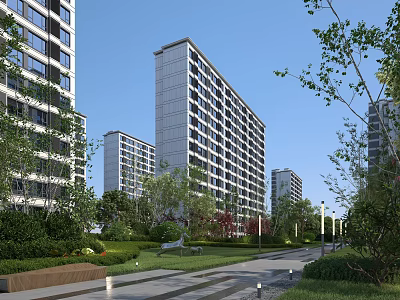 Modern High Rise Residential Buildings With Green Landscaping Lawn And Trees 3d model