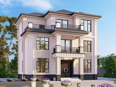 Two Story Detached Villa With Modern Exterior Balcony Large Windows And Front Flower Plants 3d model