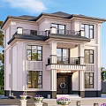 Two Story Detached Villa With Modern Exterior Balcony Large Windows And Front Flower Plants
