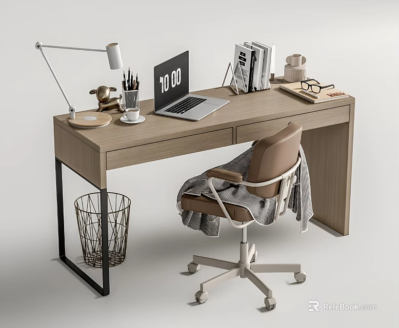 Home Office Desk with Laptop Lamp Books Mug Chair and Metal Waste Basket 3d model 