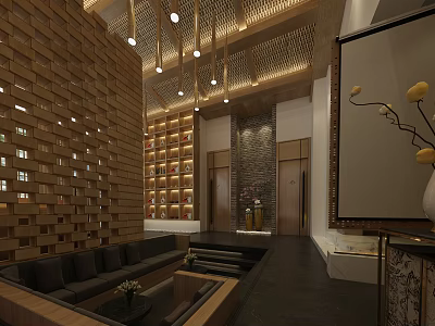 Elegant Hotel Lobby Interior With Wooden Paneling Hanging Lights Bookshelves And Sofa Seating 3d model