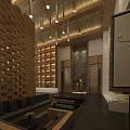 Elegant Hotel Lobby Interior With Wooden Paneling Hanging Lights Bookshelves And Sofa Seating