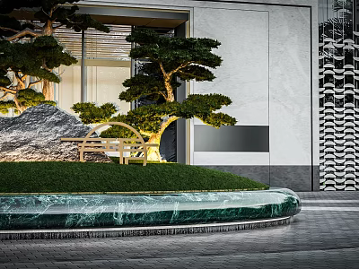 Modern Garden Ornament With Rockery Pine Tree Lawn Water Feature And Bench 3d model