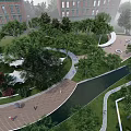 Scenic Park Landscape With Lake Curved Walkways Lush Trees And Green Lawns