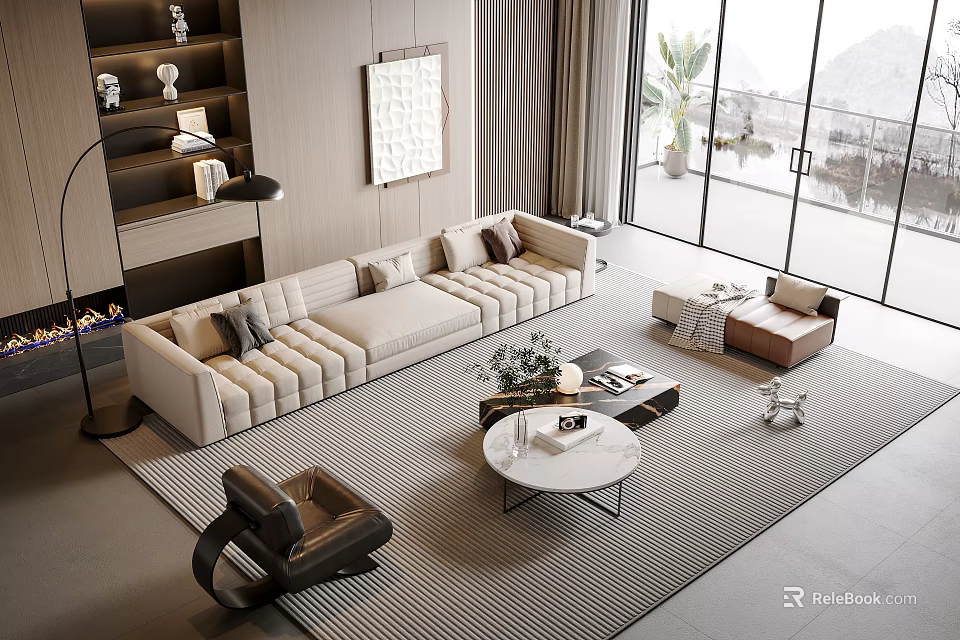 Modern Spacious Living Room With Light Colored Sofa And Round Coffee Table Set 3d model