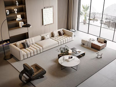Modern Spacious Living Room With Light Colored Sofa And Round Coffee Table Set 3d model