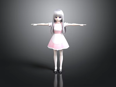 3D Model Girl With Gray Hair Pink Dress White Apron Arms Outstretched Gray Background Reflection 3d model